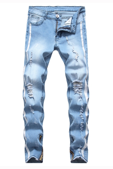 Men's New Fashion Stripe Printed Zipped Cuffs Destroyed Ripped Jeans