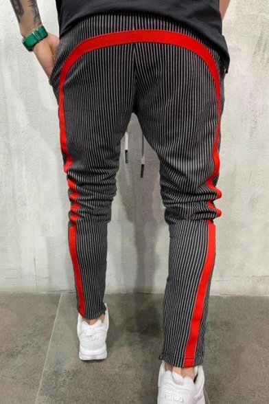 Men's New Stylish Colorblocked Stripe Pattern Zippered Vent Drawstring Waist Casual Pencil Pants
