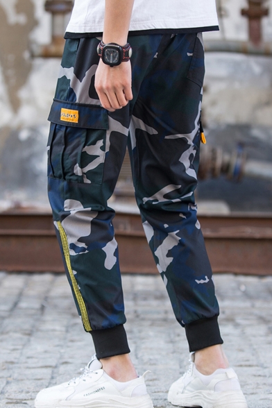 Men's New Stylish Contrast Stripe Side Flap Pocket Drawstring Waist Casual Cotton Cargo Pants