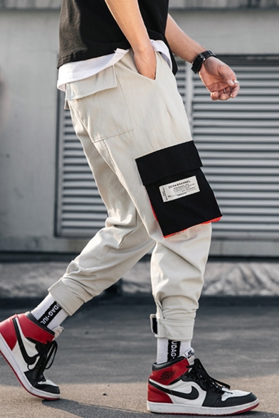 Men's New Stylish Letter Label Patched Colorblocked Flap Pocket Side Street Style Casual Cargo Pants