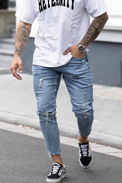 Men's Street Style Knee Cut Light Blue Casual Skinny Ripped Jeans