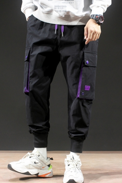 Men's Street Trendy Simple Plain Large Flap Pocket Side Drawstring Waist Casual Loose Sports Cargo Pants