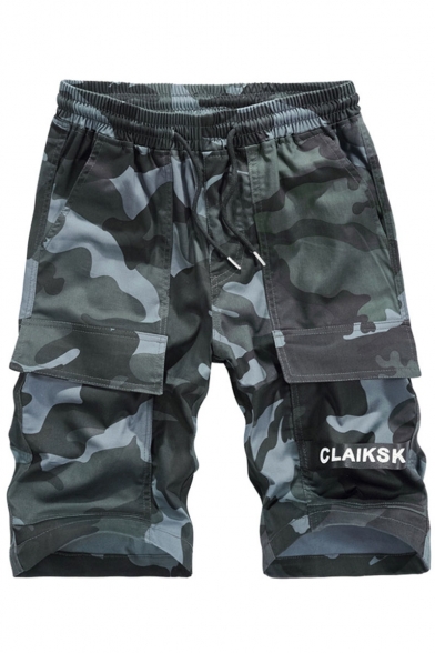 Men's Summer Fashion Cool Camouflage Letter Print Drawstring Waist Leisure Cargo Shorts