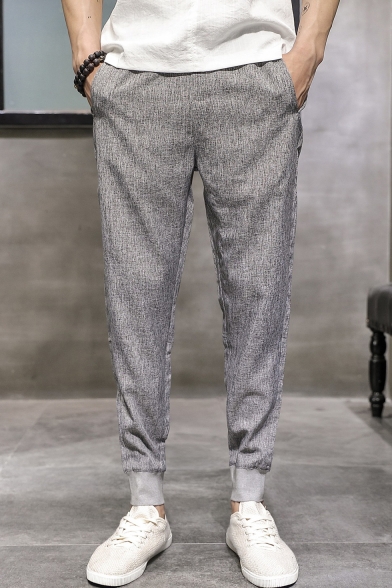 Men's Summer Fashion Simple Plain Cotton Linen Loose Fit Tapered Pants