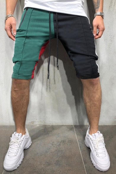 Men's Summer Hot Fashion Colorblock Zipped Pocket Drawstring Waist Slim Fit Casual Cotton Sweat Shorts