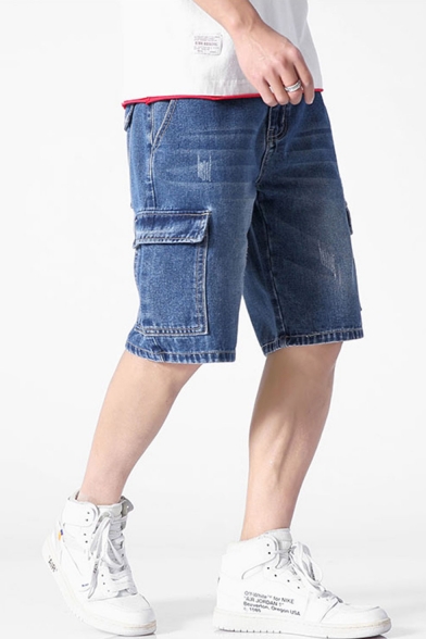 Men's Summer New Fashion Blue Washed Flap Pocket Side Casual Cargo Denim Shorts