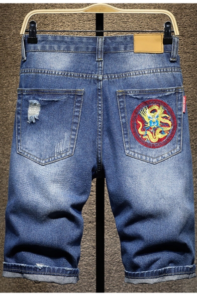 Men's Summer New Fashion Dragon Embroidery Pattern Zip-fly Blue Denim Shorts