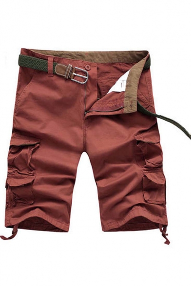 Men's Summer New Fashion Solid Color Flap Pocket Side Ribbon Embellished Zip-fly Cotton Cargo Shorts