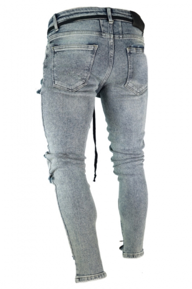 Men's Trendy Cool Knee Cut Vintage Washed Zip Cuffs Blue Ripped Biker Jeans