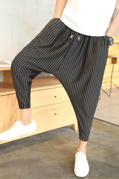 Men's Trendy Stripe Printed Drop-Crotch Drawstring Waist Cropped Harem Pants