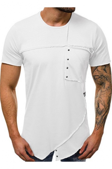 Mens Basic Simple Plain Round Neck Short Sleeve Asymmetrical Hem Slim Fit Cotton T-Shirt
