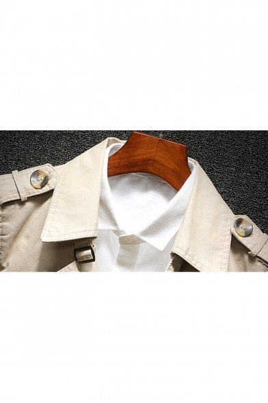 Mens Classic Fashion Plain Notched Lapel Collar Long Sleeve Button Down Tunic Trench Coat