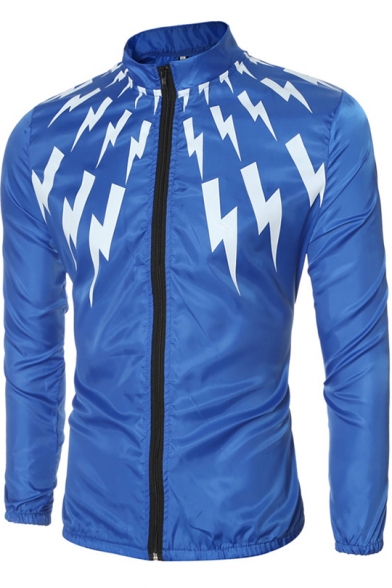Mens Fancy Lightning Flash Logo Print Stand Collar Zip Up Fitted Track Jacket