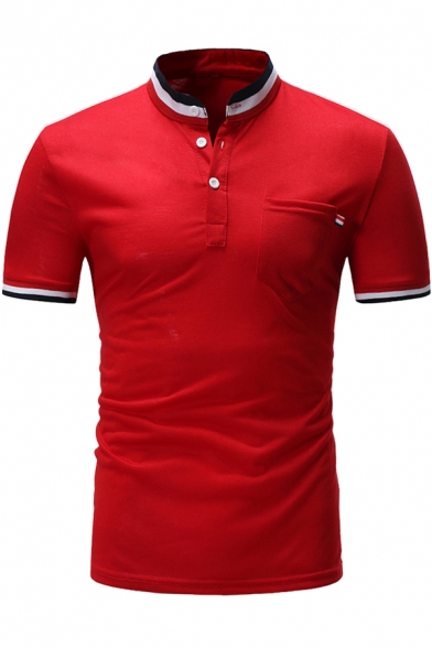 Mens Fashion Contrast Stripe Trim Stand Collar Short Sleeve Fitted Polo Shirt