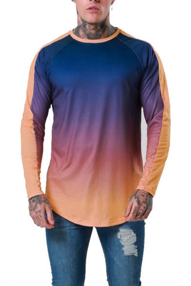 Mens New Stylish Ombre Color Round Neck Long Sleeve Fitted T-Shirt