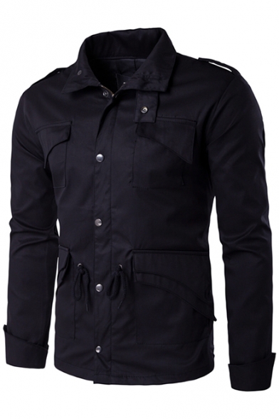 Mens Plain Stand Collar Multi-Pocket Drawstring Waist Long Sleeve Field Jacket