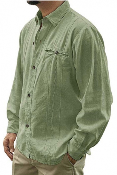 Mens Simple Plain Trendy Casual Loose Long Sleeve Button Down Linen Shirt