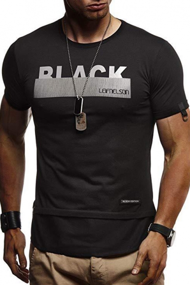 Mens Street Style Letter BLACK Patched Hem Short Sleeve Slim Fitted T-Shirt