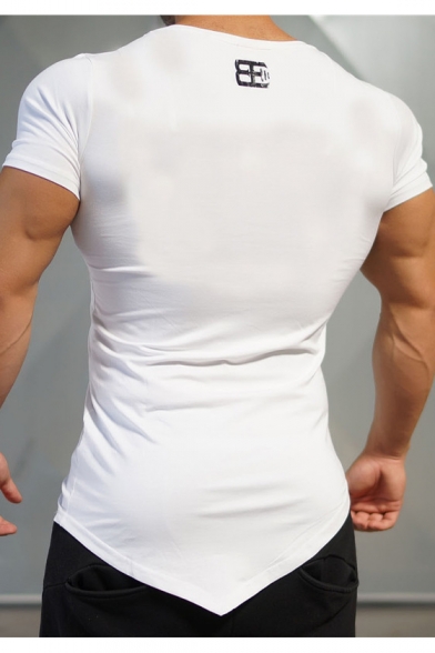 Mens Summer Simple Logo Printed V-Neck Short Sleeve Asymmetrical Hem Gym Muscle Fitness Slim T-Shirt