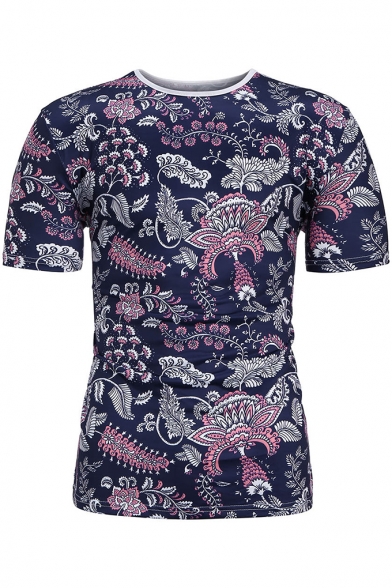 Mens Trendy Navy Floral Pattern Short Sleeve Fitted T-Shirt