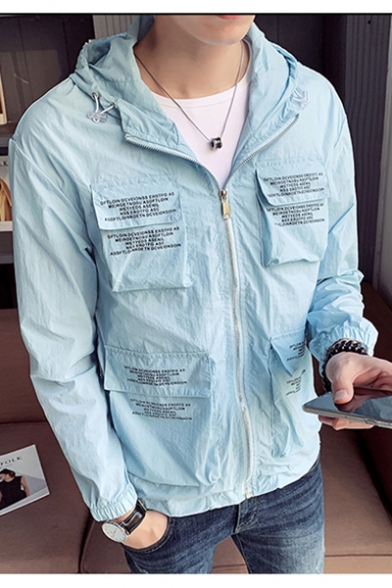 Mens Unique Letter Flap Pocket Front Long Sleeve UV Protection Zip Up Hooded Jacket Coat