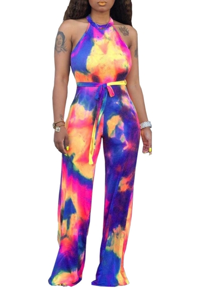 New Arrival Cool Unique Chic Womens Sleeveless Halter Neck Self Tie Tie Dye Fitted Jumpsuits
