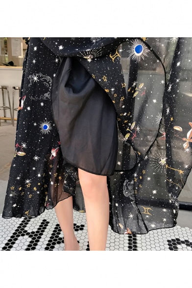 New Arrival Fashion Black Star Moon Print High Waist Midi Chiffon Wrap Skirt for Sweet Women