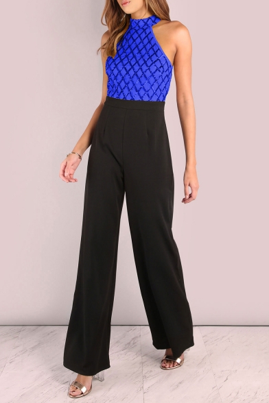 New Arrival Womens Halter Neck Sleeveless Sequin Embellished Patch Flare Leg Jumpsuits