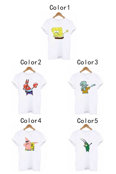 New Fashion Funny Cartoon Print Basic Short Sleeve White T-Shirt