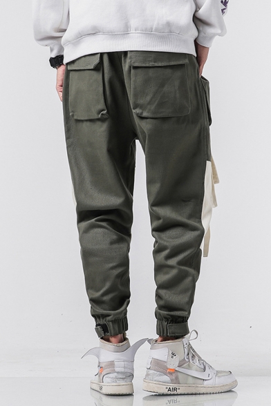 New Stylish Colorblock Unique Buckle Strap Multi-pocket Design Drawstring Waist Cotton Cargo Pants for Men