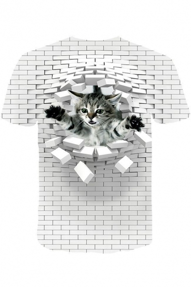 New Stylish Cool 3D White Wall Cat Print Round Neck Short Sleeve Casual Tee