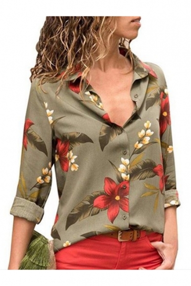 New Stylish Womens Floral Print Button Down Lapel Collar Long Sleeve Cotton Leisure Shirt