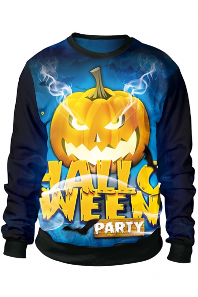 Popular Cool Halloween Party Pumpkin 3D Print Blue Long Sleeve Pullover Sweatshirt