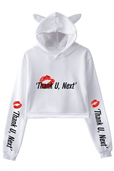 Sexy Red Lip Letter THANK U NEXT Cute Cat Ear Long Sleeve Casual Crop Hoodie