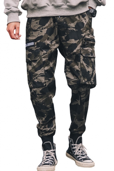 Street Style Camo Letter Diagonal stripes Printed Zipped Multi-pocket Army Green Cotton Casual Cargo Pants