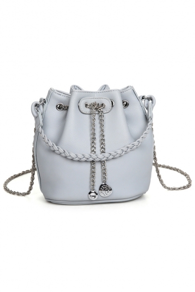 Stylish Solid Color PU Leather Braid Strap Chain Drawstring Bucket Bag for Women 16.5*17*12 CM