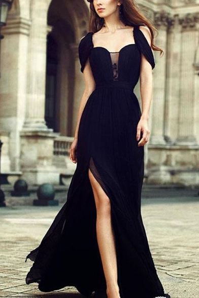 Stylish Womens Black Off Shoulder Split Side Lace Patch Chiffon Evening Maxi Dress
