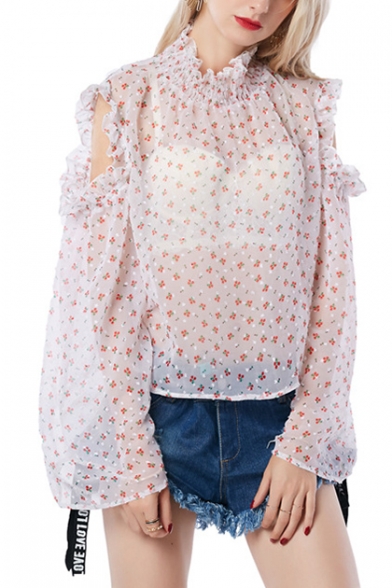 Summer Chic Floral Printed Ruffle Stand Collar Cutout Long Sleeve Sheer Blouse Top