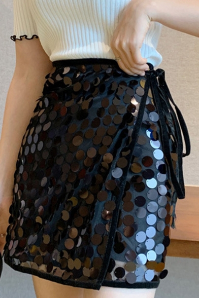 Summer Classic Fashion Sequin Embellished Tie Side Fitted A-Line Mini Wrap Skirt