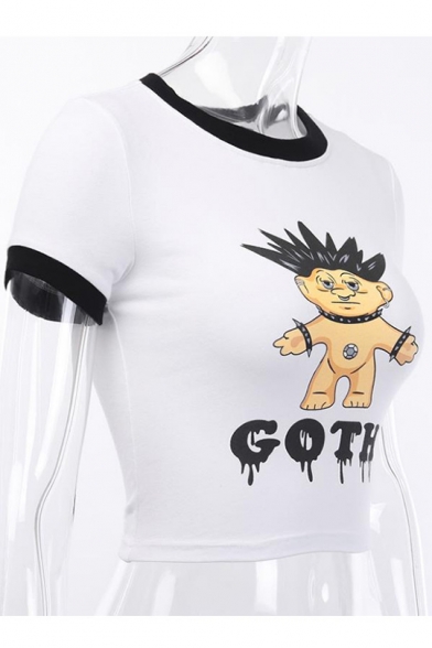 Summer Cool Cartoon Character Goth Printed Contrast Trim Round Neck Short Sleeve White Crop Tee