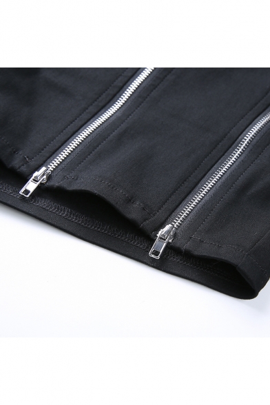 Summer Cool Girls Multi-Zipper Front Split Black Slim Fit Shorts