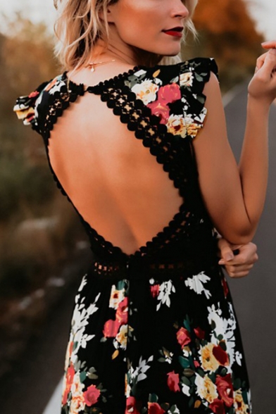 Summer Fancy Floral Printed V-Neck Flutter Sleeve Swallowtail Open Back Maxi Holiday Beach Dress