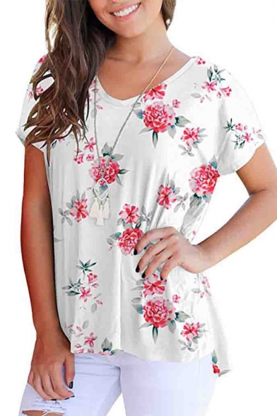 Summer Fancy Floral Printed V-Neck Short Sleeve Casual T-Shirt