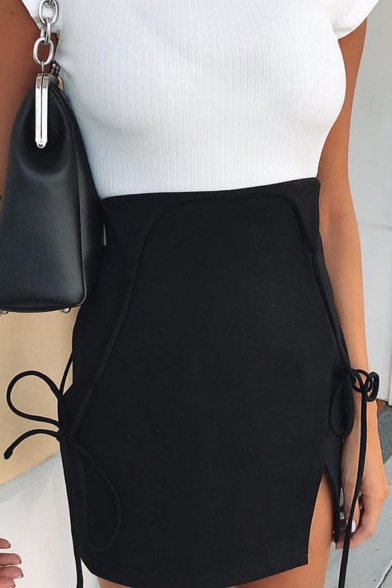 Summer Fashion Black Straps Split Side Slim Fitted Mini Skirt
