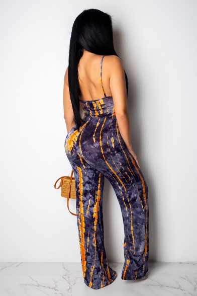 Summer Fashion Purple Tie-Dye Print V-Neck Hollow Out Straps Backless Slim Fit Jumpsuits