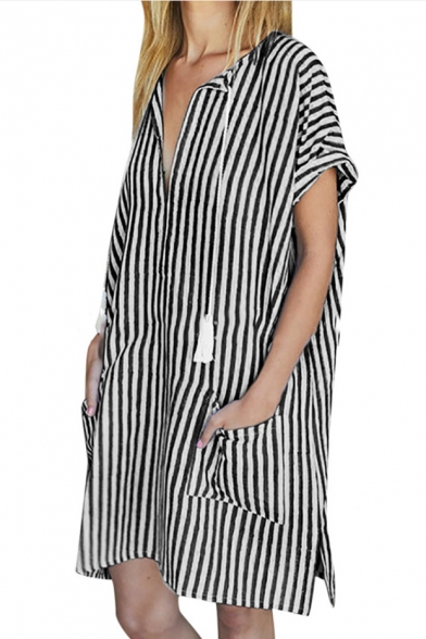 Summer Fashion Striped Print V-Neck Short Sleeve Mini Casual Relaxed Dress