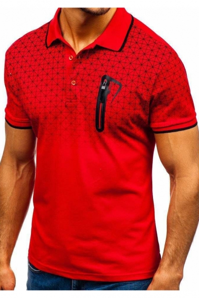 Summer Hot Popular Ombre Check Printed Fake Zipper Pocket Short Sleeve Casual Polo Shirt for Men