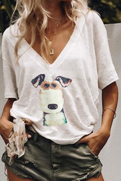 Summer Hot Popular V-Neck Short Sleeve Cartoon Dog Print Leisure T-Shirt