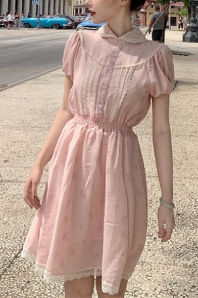 Summer Hot Stylish Pink Printed Vintage Puff Sleeve Elastic Waist Patch Lace Trim Mini A-Line Dress