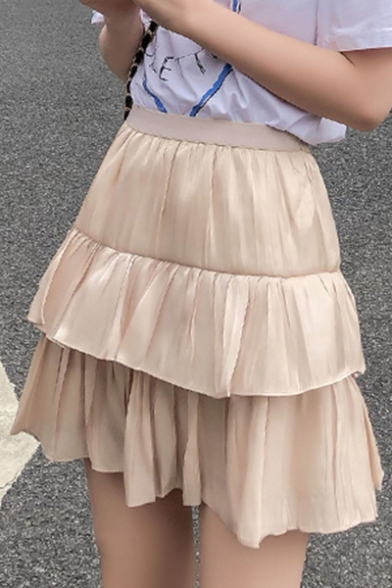 Summer Hot Sweet Plain High Waist Tiered Cake Puffy Mini Skirt for Women